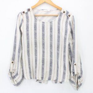 E&M Blouse Top Womens Beige & Gray Striped Casual Long Sleeve Cropped Large L